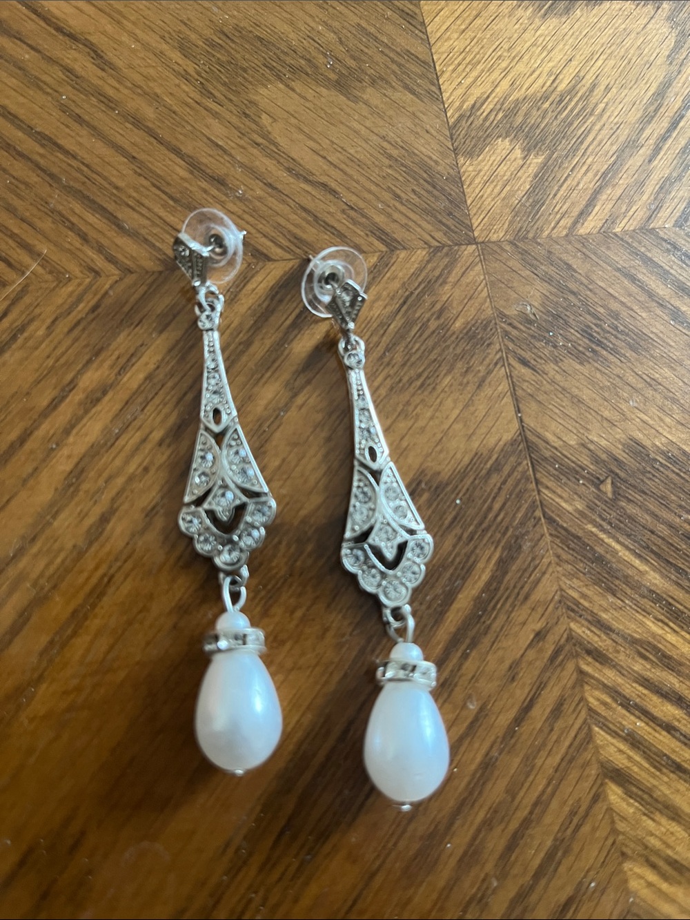 Elegant Silver-Tone Filigree Drop Earrings with White Pearl Teardrops
